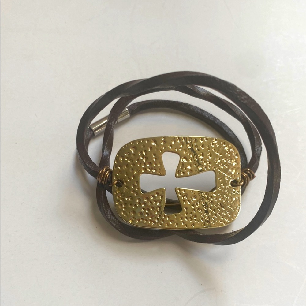Gold Cross Leather Wrap Bracelet